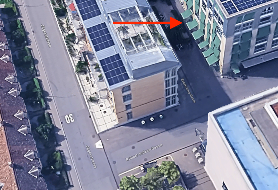 Luftaufnahme: Eingang Physio Lokstadt an der Ernst-Jung-Gasse